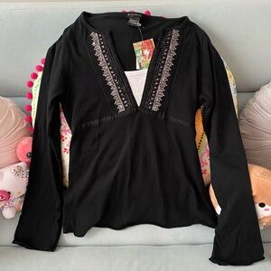 🩷NWT FANG BLACK BOHO BLOUSE WITH BACK TIES, SIZE LARGE
